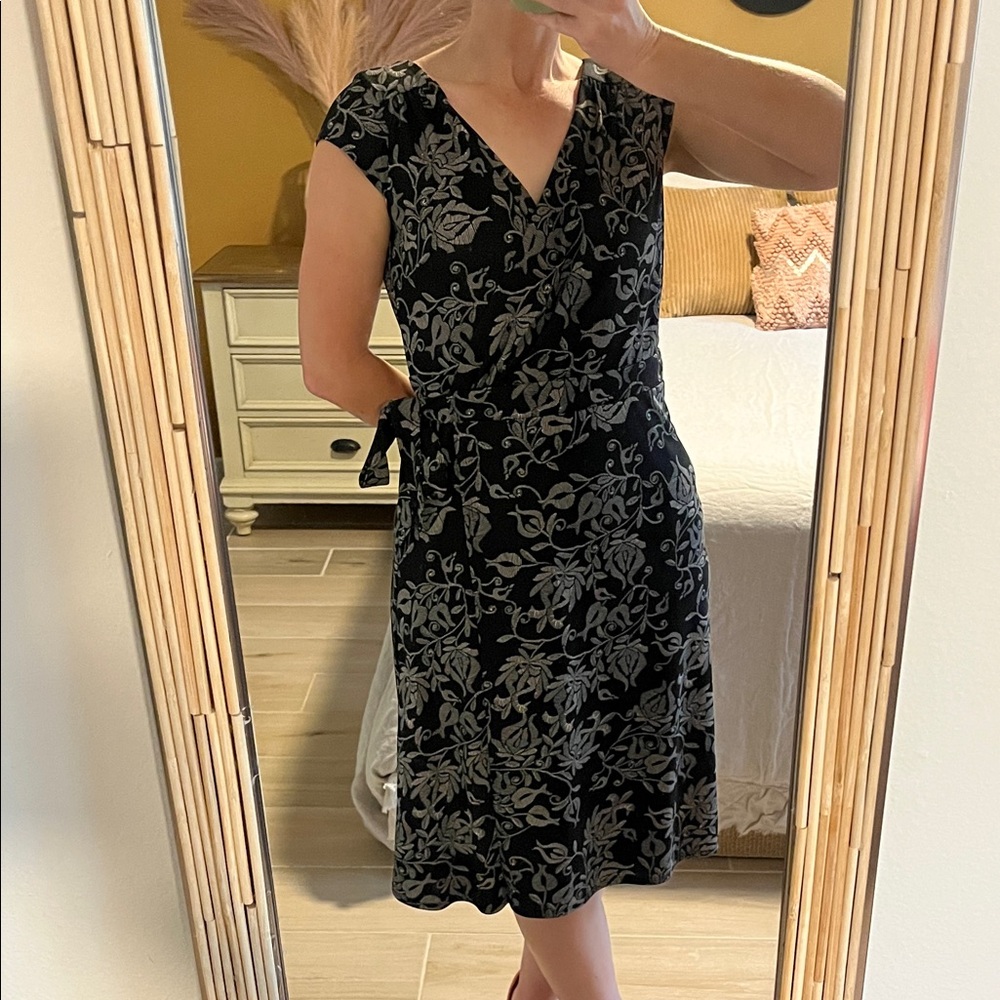 LOFT Black Midi Wrap Dress with Gray Floral Print